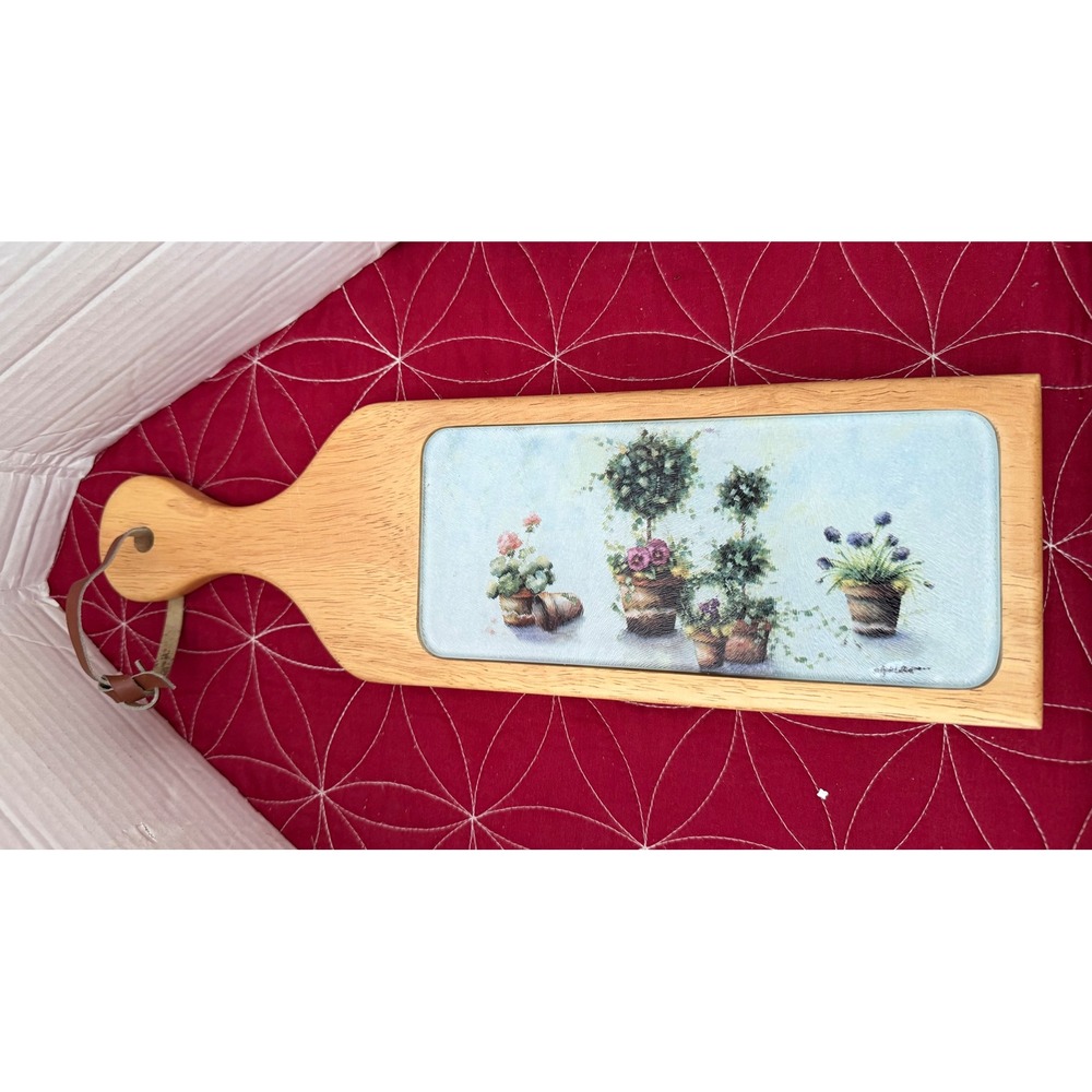 Vintage Topiary Garden Tile Inset Wood Cheese Board Serving Tray Leather Strap